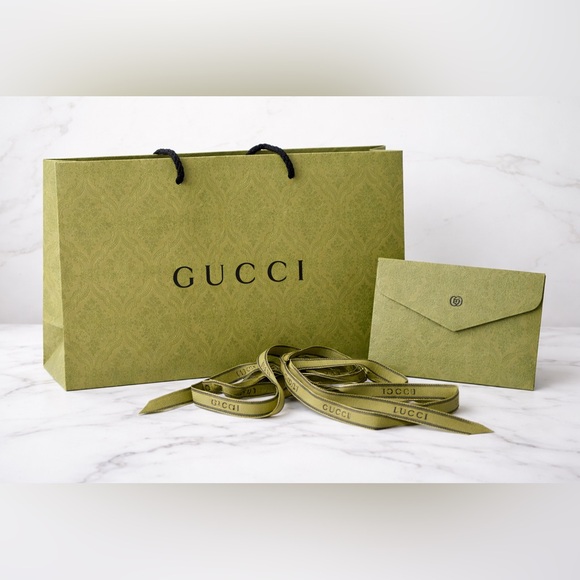 Gucci Large Green Gift Bag + Ribbon + Card Envelope Set Luxury Packaging Bundle
